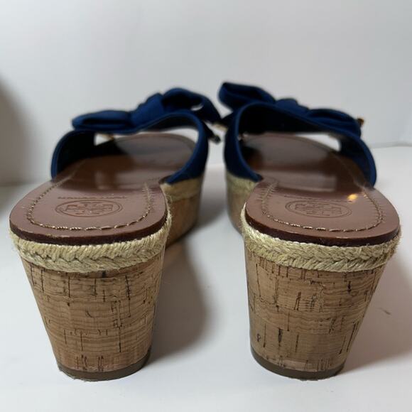 Tory Burch Sandals Wedge Slides Navy Blue Logo Bow Ribbon Size 8.5 - Picture 6 of 14